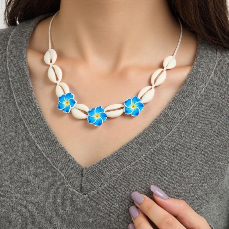 Elegant Soft Clay Flower and Shell Pendant Necklace Sturdy Flexible Chain Jewelry Accessory Gift