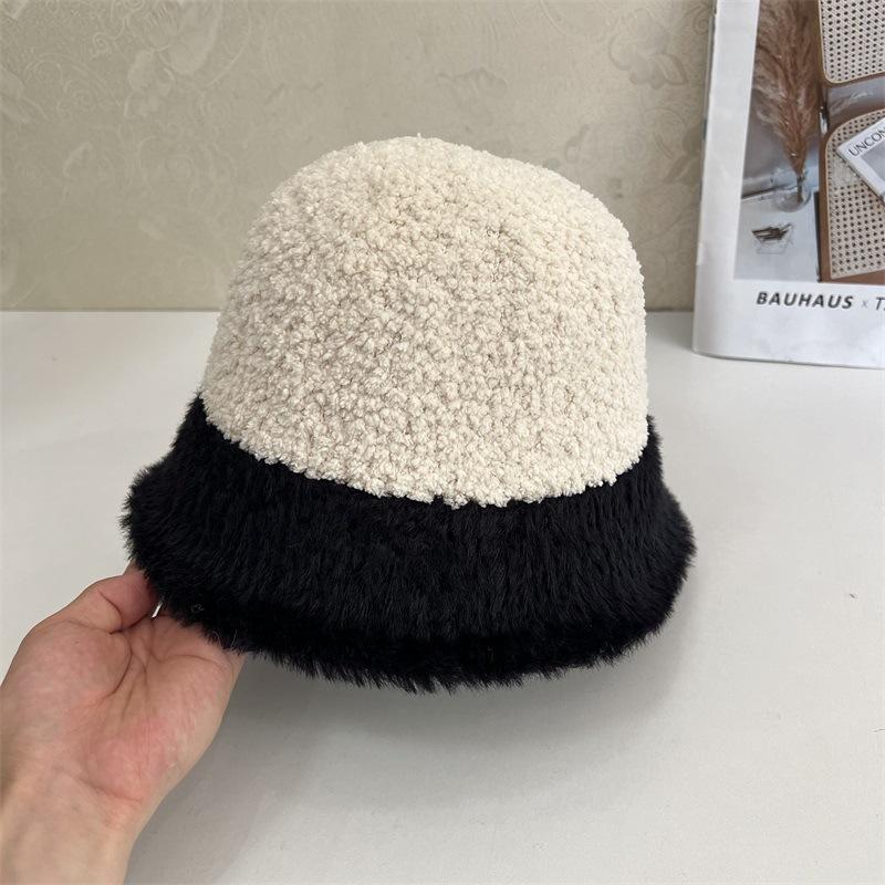 Color Matching Plush Hat Women's Autumn and Winter New Face Small Bucket Hat Cute Thickened Warm Lamb Wool Basin Hat