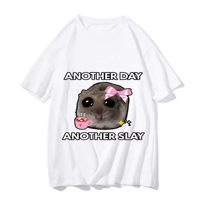 Fashion Funny Sad Hamster Another Day of Slaying TShirt Casual Cute Printed Top Unisex Minimalist Short Sleeve Tee S