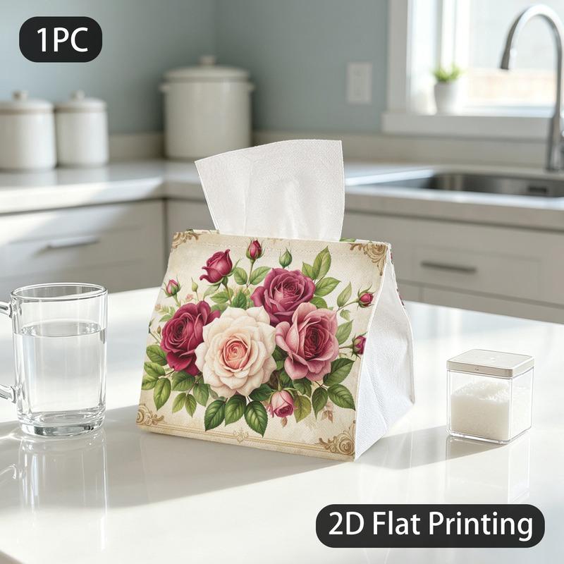 1pc Tissue Box, Vintage Rose Bouquet Elegant Charm Pattern, 2D Flat Printing, Crafted with Strong Polyester, Take Anywhere, Tissue Dispenser, for Wash