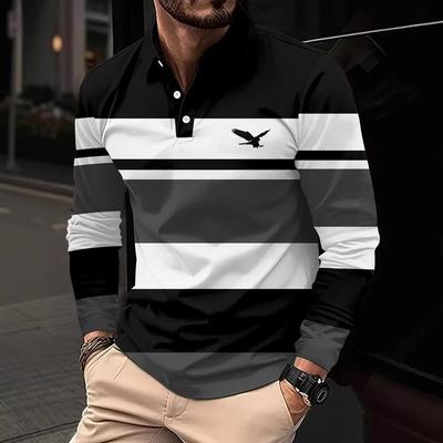Camisa polo masculina listrada de manga comprida para todo o inverno, top casual respirável, justa e ajustada, gola de secagem rápida, camisa polo clássica
