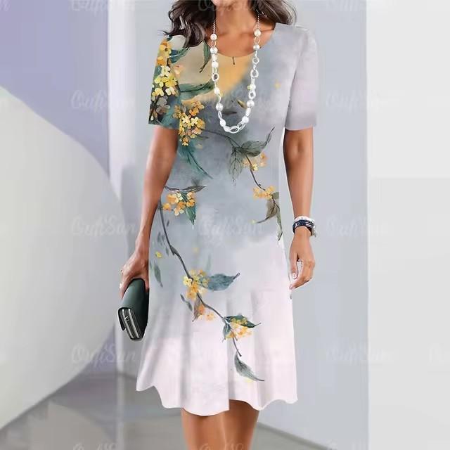 Elegant Women Short Sleeve Fashion 3d Print Midi Dress Plus Size Beach Clothing