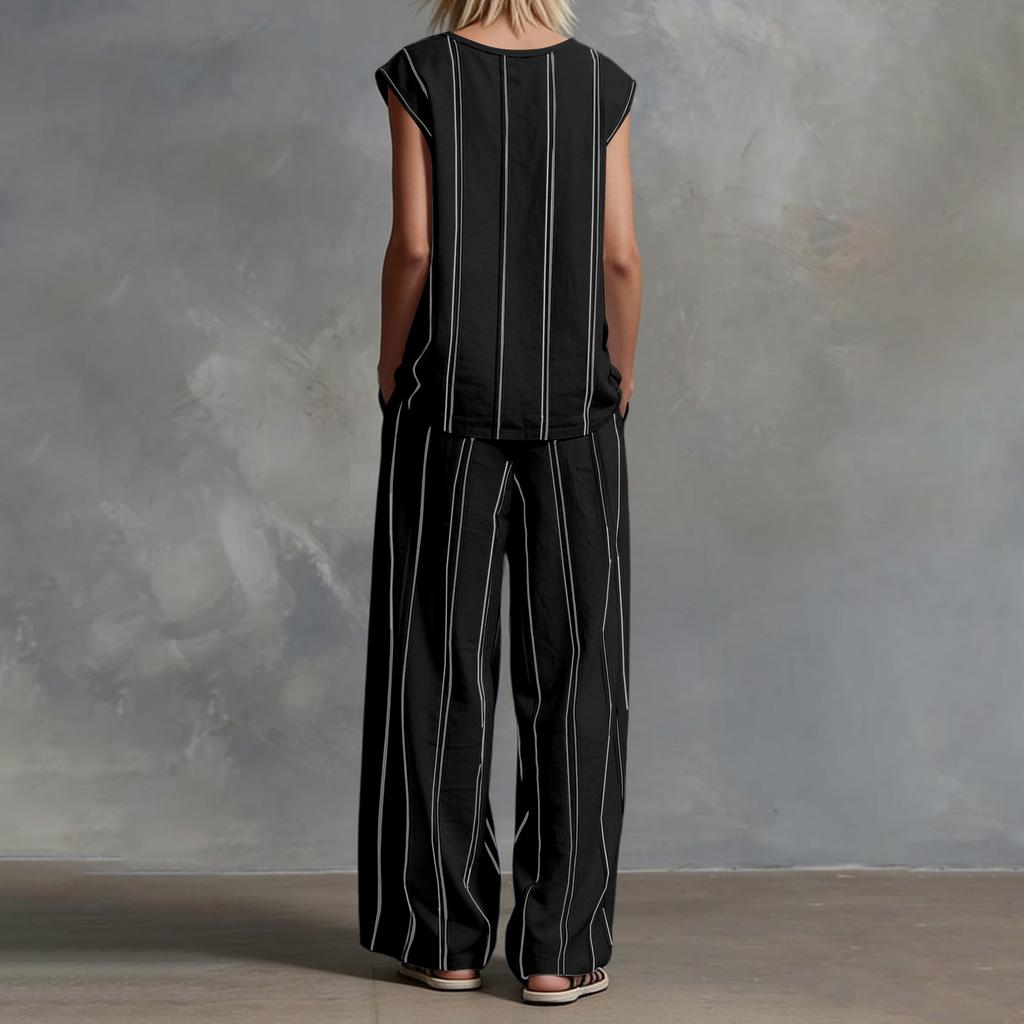 Conjunto Casual de Dos Piezas para Mujer con Top de Cuello en V sin Mangas y Pantalones de Pierna Ancha con Estampado de Rayas Ligero para Verano