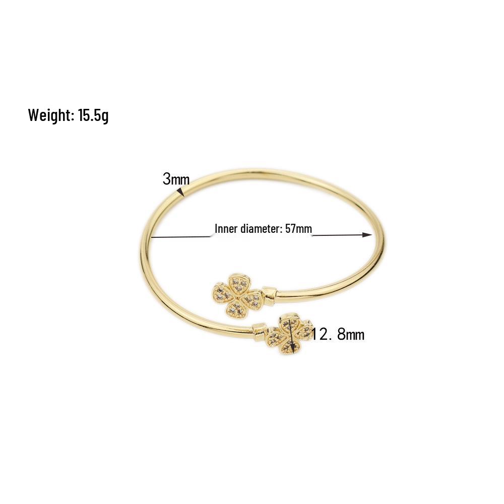 Light Luxury Yellow Brass Four-Leaf Clover Diamond-Studded Adjustable Bracelet - European American Simple High-End Design Gold