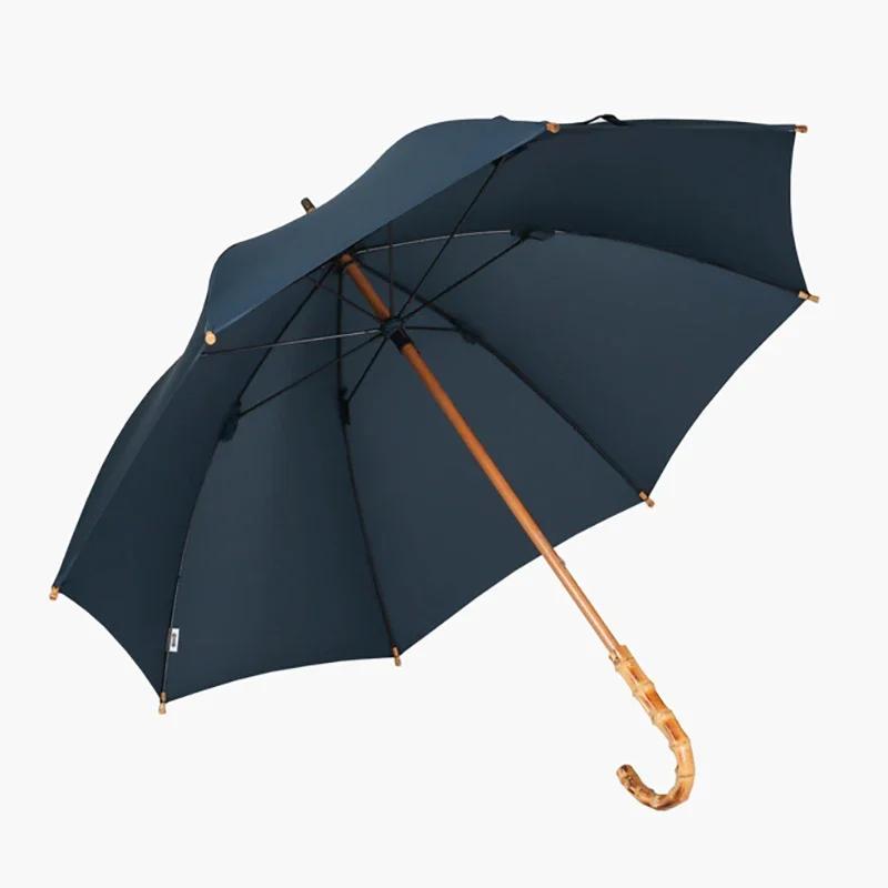 

Бамбуковый большой зонт для мужчин, винтажный ветрозащитный зонт, прочный изогнутый ретро-зонт с большой длинной ручкой, деловой зонт от дождя тёмно-синий