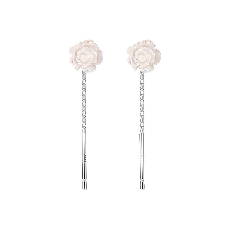 Camellia Ear Thread Earrings: 999 Sterling Silver Studs for Women - Comfortable Overnight Wear with Elegant Tassels.