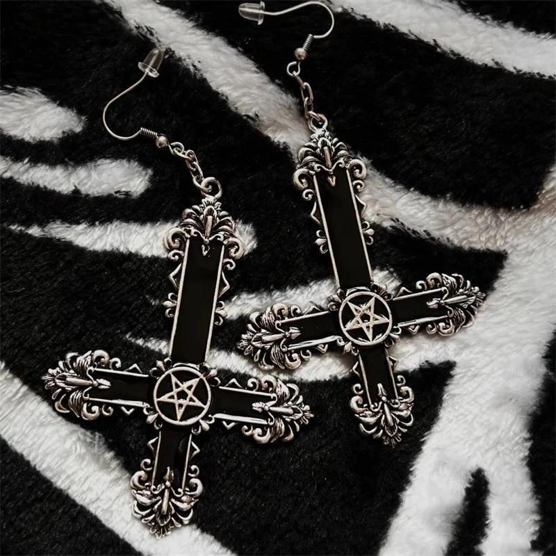 Retro Punk Inverted Cross Five-pointed Star Black Charm Witch Dangle Earrings for Women Gothic Infidels Hallowmas Jewelry Gifts