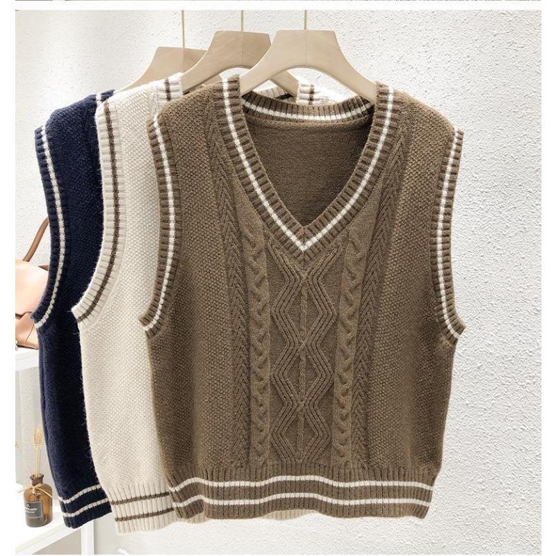 College Stil Gestrickte Weste für Frauen Lose In Herbst V-ausschnitt Fried Dough Twists Pullover Weste Mode