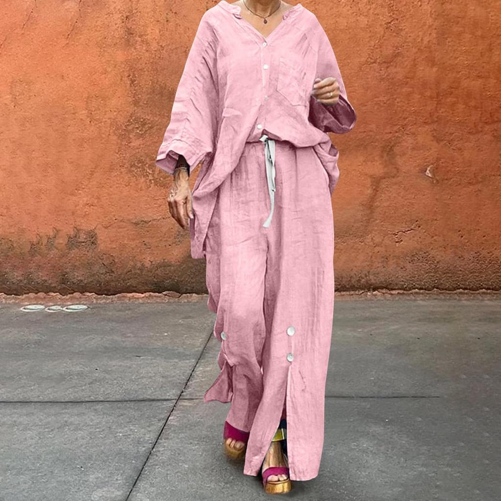 Women Casual Two Piece Set Cotton Linen Shirt Drawstring Wide Leg Pants Lightweight Breathable Relaxed Fit Outfit for Everyday Wear