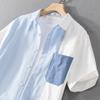 Sommerhemden für Herren Jugend Streetwear Lässige Herrenoberteile Reine Baumwolle Kurzarmhemd Koreanische Neue Mode Stitching-Hemd mit Tasche
