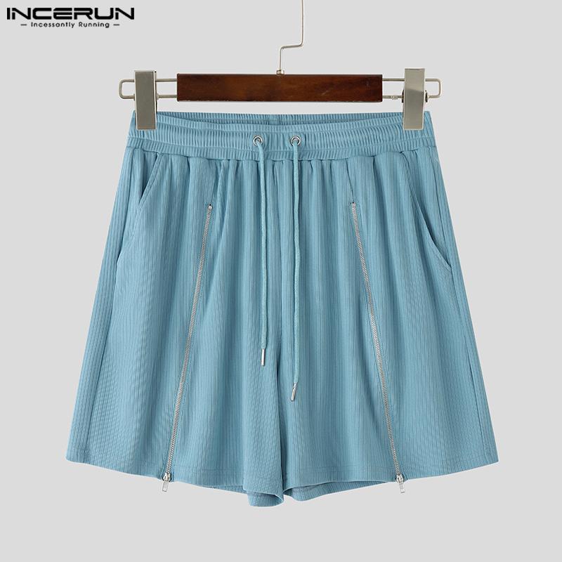 INCERUN Men Drawstring Elastic Waist Side Zip-up Casual Rib Shorts Pants Home Wear