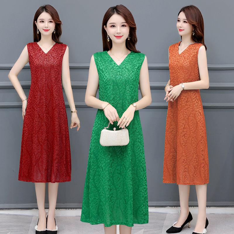 Fashionable V-Neck Sleeveless Dress Elegant Long Vest Dress Breathable Jacquard Fabric Stretchy Summer Dress