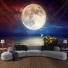 Stunning Cosmic Moonlit Night Wall Tapestry For Bedroom Decor, Featuring A Vividly Detailed Full Moon Over A Serene Ocean