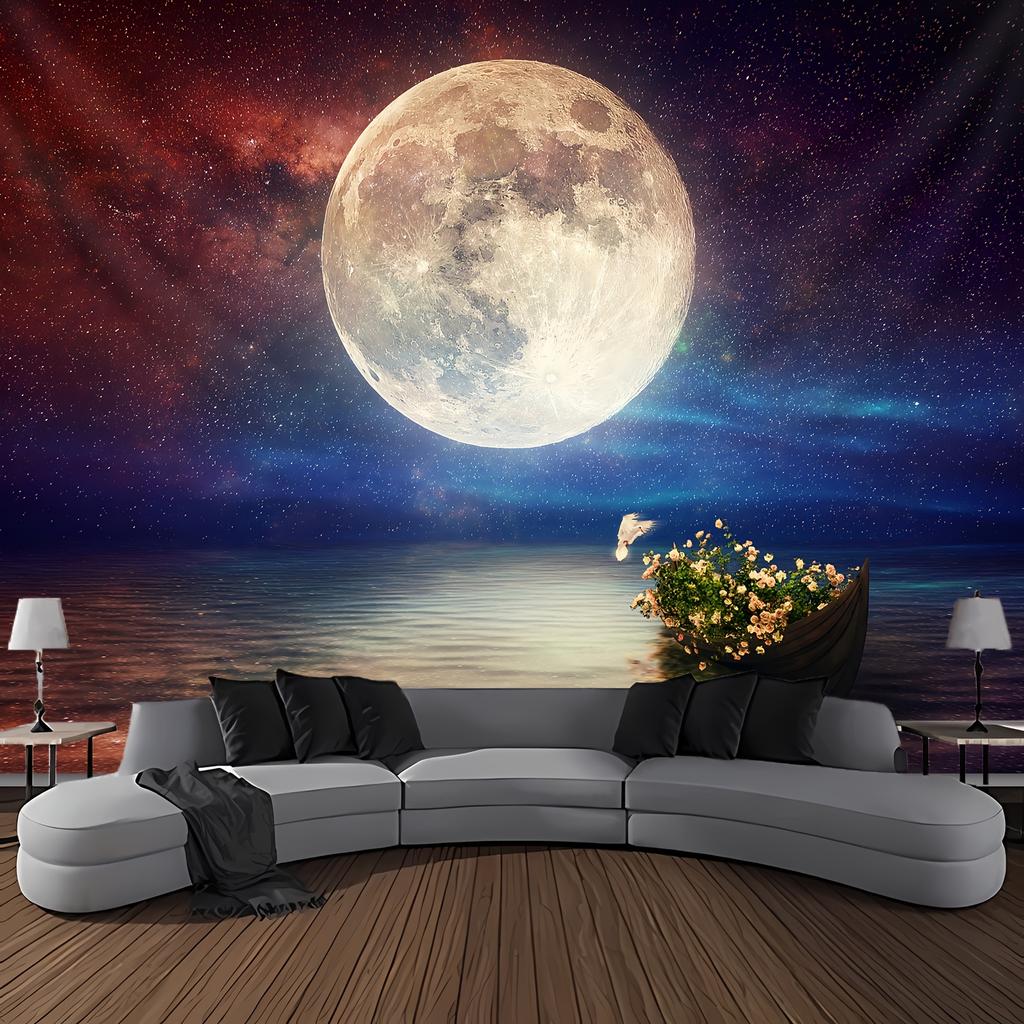 Stunning Cosmic Moonlit Night Wall Tapestry For Bedroom Decor, Featuring A Vividly Detailed Full Moon Over A Serene Ocean