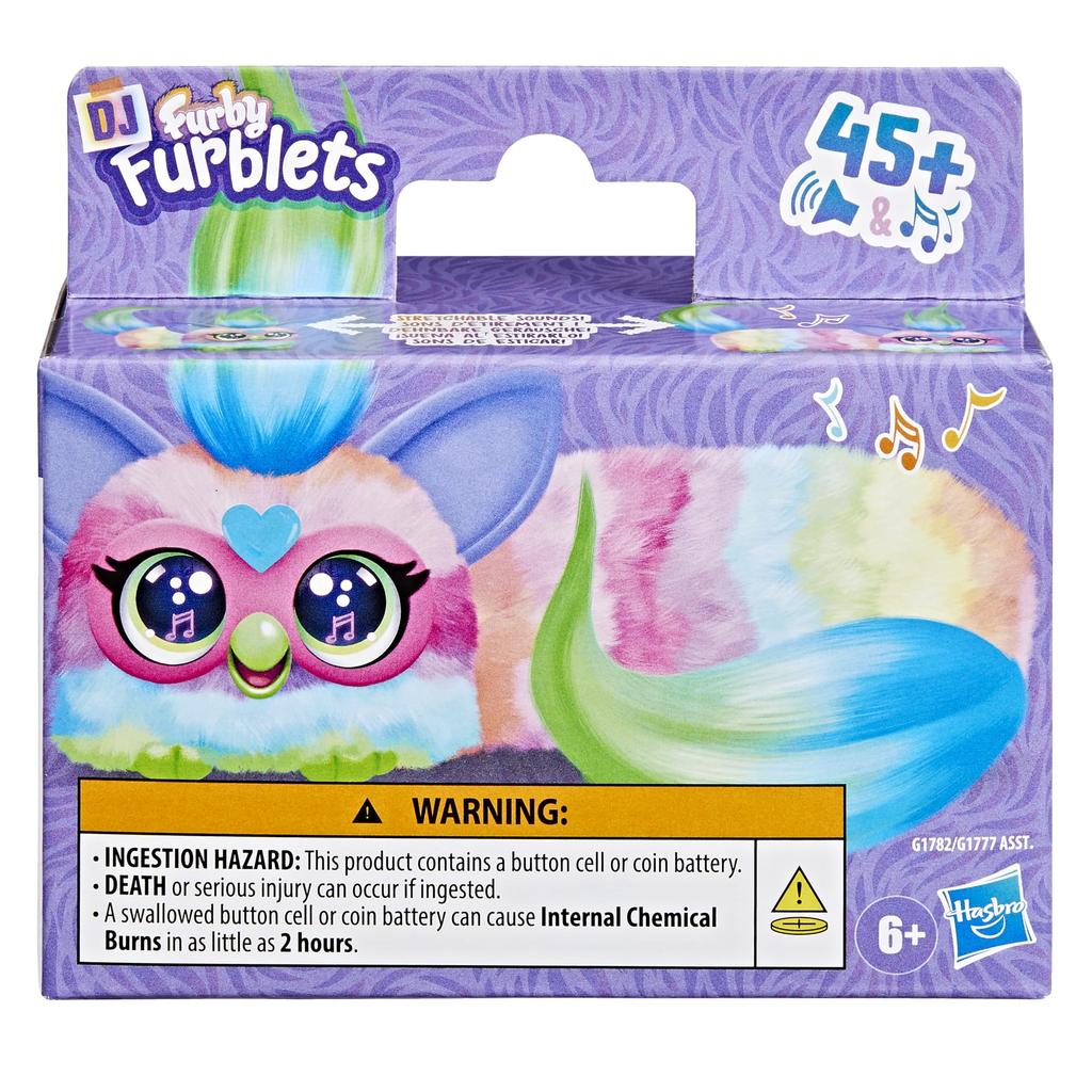 Hasbro Furby DJ Furblets Candy Swirl Mini Friend, Furby-speaking only, motorized plush toy with expandable body, sounds and music, for ages 6 and up,