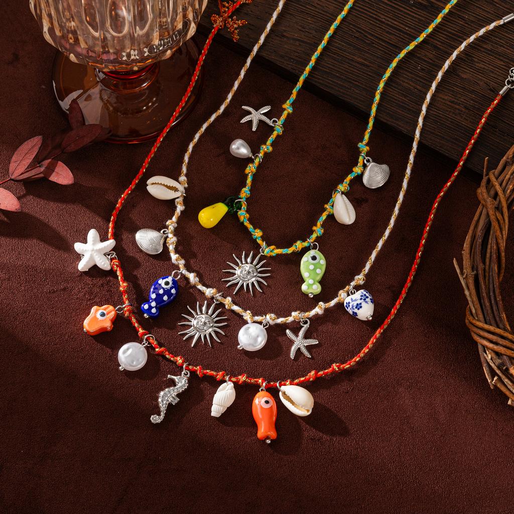 Bohemian Summer Sea Love Wind Starfish Pearl Love Pendant Colorful Dopamine Rope Necklace Women's Gift