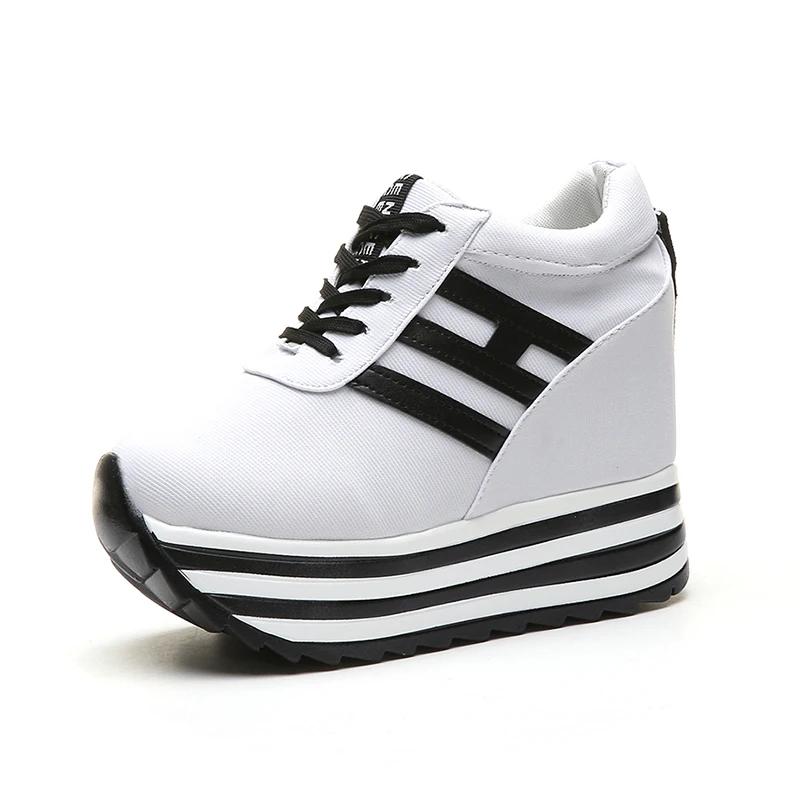 Dámské módní tenisky, módní dámské boty na platformě, zvyšující výšku 10 cm, prodyšné šněrovací klínky, tenisky, plátěné boty na volný čas