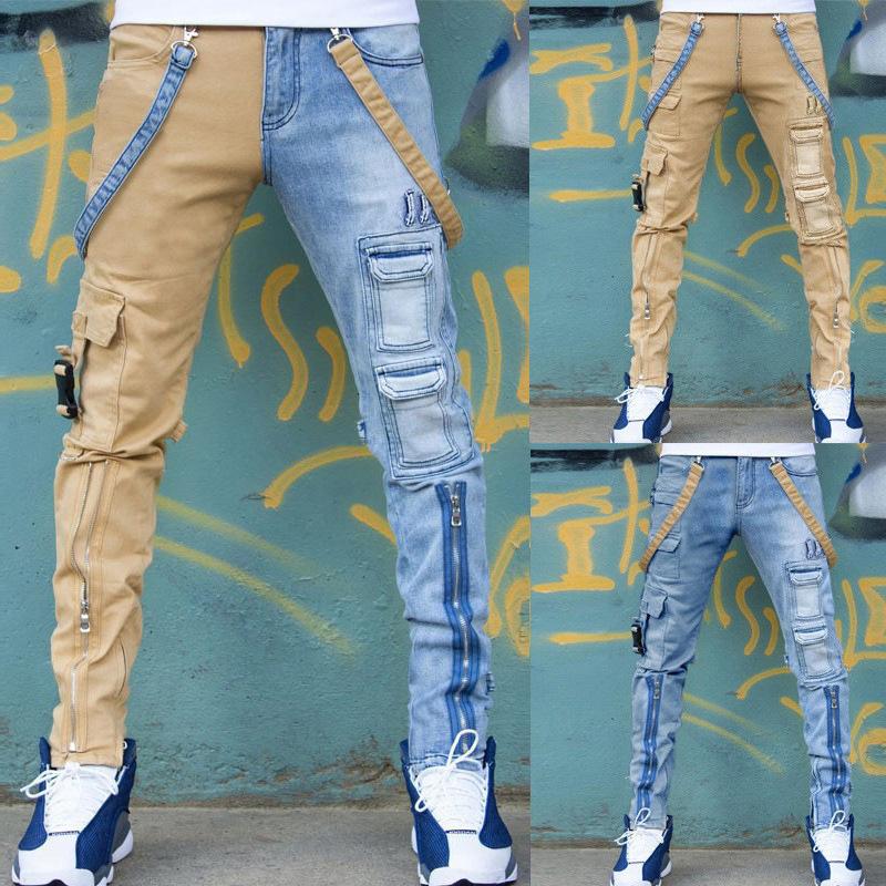 

New color matching rinse jeans men s slim-fit trendy zipper tooling jeans 3XL