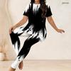 Women Plus Size Two Piece Pant Set Round Neck Short Sleeve Black White Printed Long Top Fitted Pants
