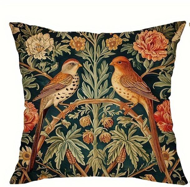 

Vintage Flower and Bird Throw Pillow Covers Linen Zippered Cushion Cases for Farmhouse, Living Room Decor Pillowcases 45x45cm 18x18in