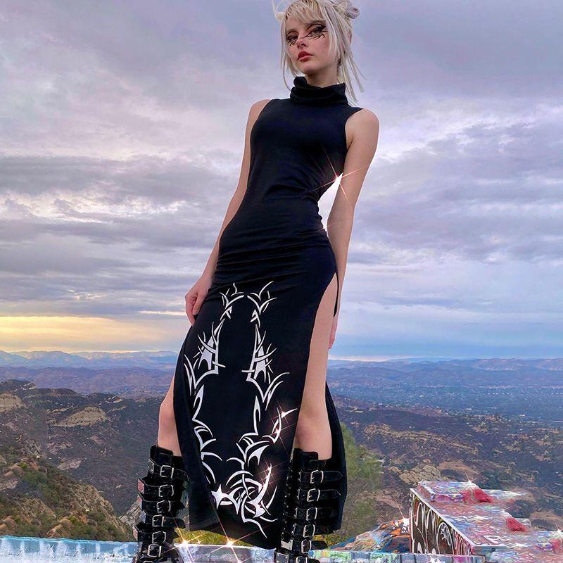 Gothic Print Midi Dress For Women Summer Turtleneck Dark Academia Fashion Long Dress Harajuku Sleeveless Black Dresses
