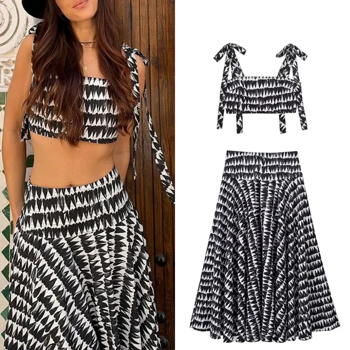 

Женский модный костюм с юбкой и принтом, сексуальный тонкий корсет без рукавов с открытой спиной, укороченный верх и боковая молния, юбка-миди, Y2K, комплекты уличной одежды