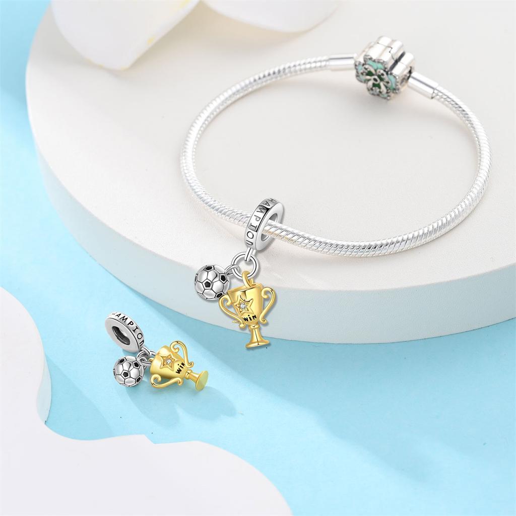 925 Silver Plated Soccer Ball Champion Cup Charms Beads Fit 3mm Bracelets DIY Football Jewelry Gift