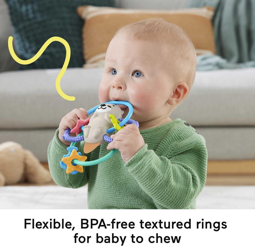 Fisher-Price Squeeze & Shake Chewy Sea Otter Baby Teething Toy Rattle for Ages 3 Months and Up (HJW12)