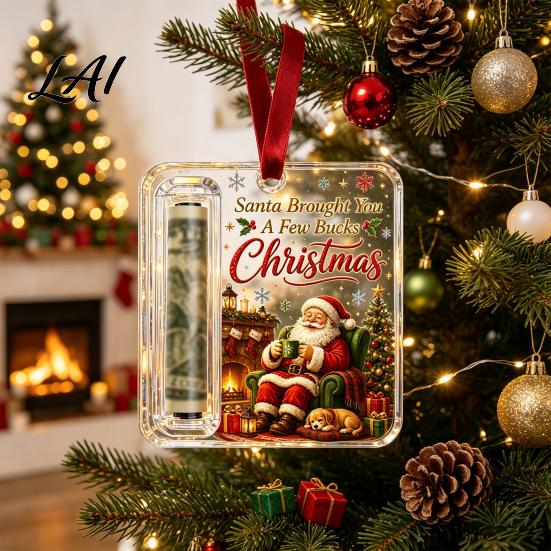 Holiday Cash Holder Christmas Gift Ornament Acrylic Angel Santa Cat Money Clear for Xmas Tree Party Hanging Decoration with Lanyard