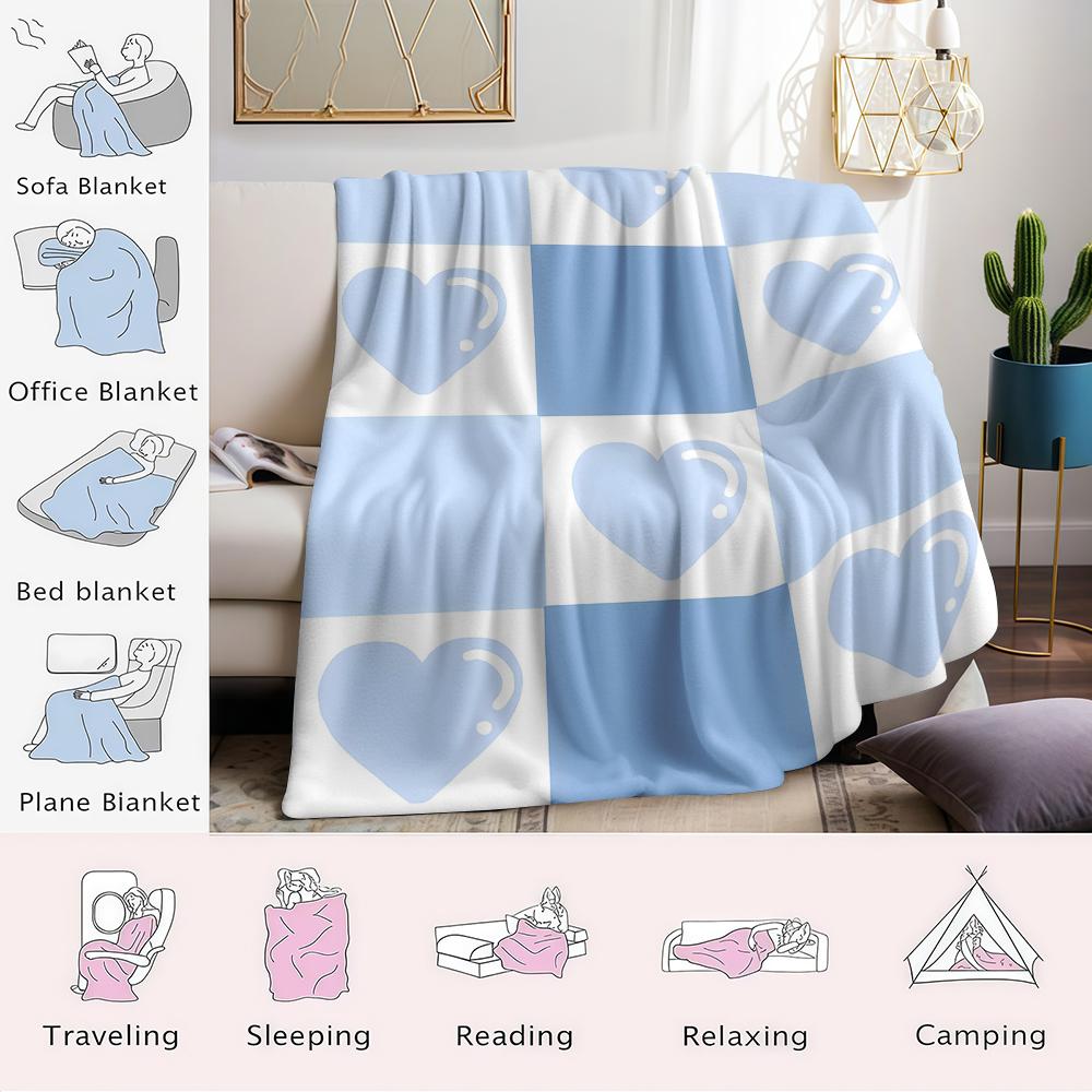 Blue Heart Checker Flannel Blanket Warm Soft Halloween Christmas Couch Warm Cozy Decorative Decor Gift for All Season