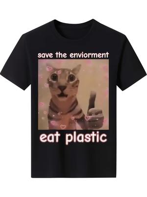 Rettet die Umwelt Esst Plastik Katze Daumen Hoch Grafik T-Shirt Herren Lässig Kurzarm Baumwolle T-Shirt