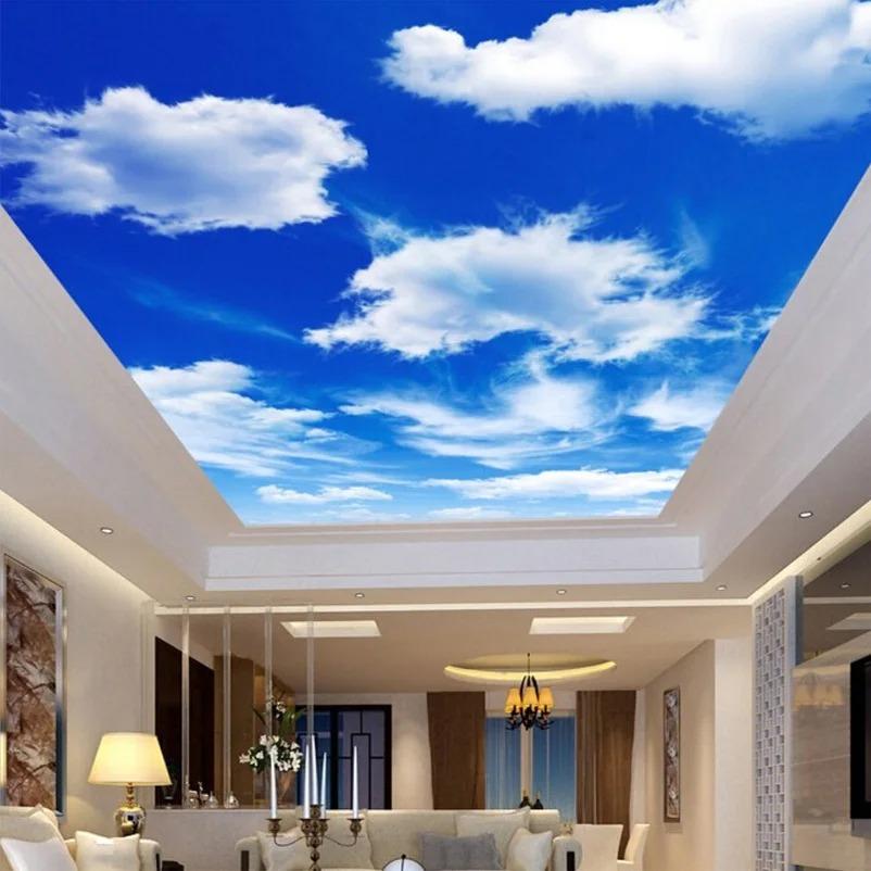 Customized Murals Large Wall Paintings Blue Sky and White Clouds Ceiling Wallpaper Luxurious Home Living Room and Bedroom Ceiling Mural Decoration