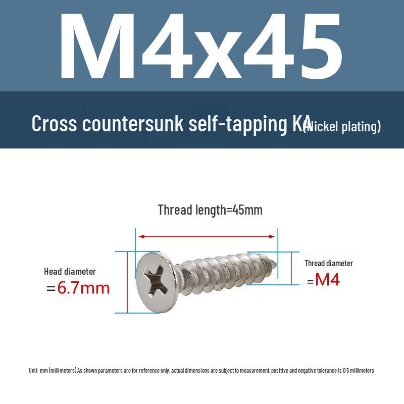 YiguYigu Nickel-Plated Phillips Flat Head Self-Tapping Screws M1-M5, Carbon Steel