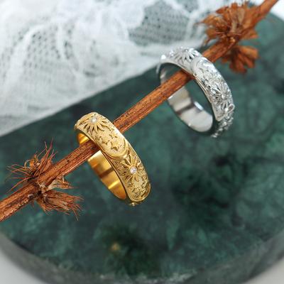 Ethnic Style 316L Stainless Steel Rings For Women 18k Gold Plated Waterproof Fadeless Relief Pattern Women's Ring Woman Jewelry