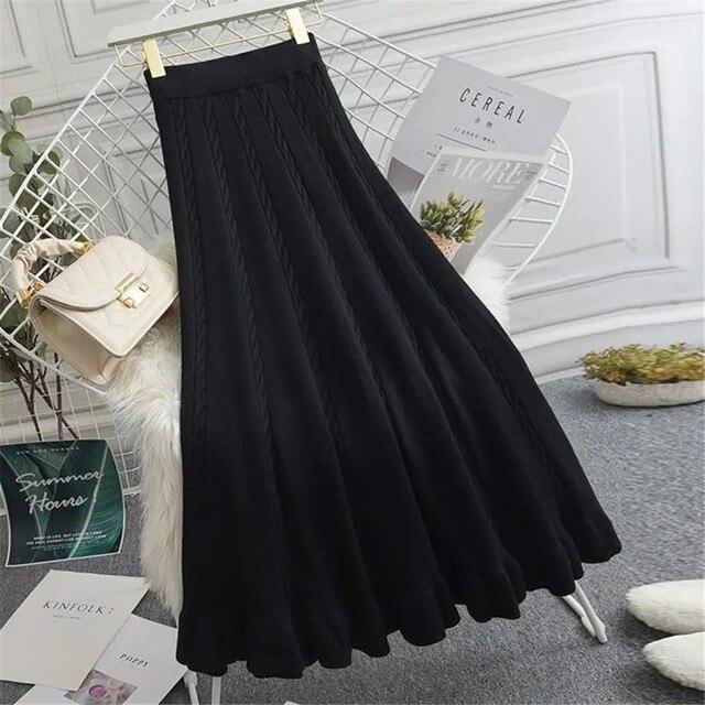 Inverno outono elegante malha quente a-line saia feminina com babados com nervuras plissado midi saias sólidas senhoras bottoms meninas longo