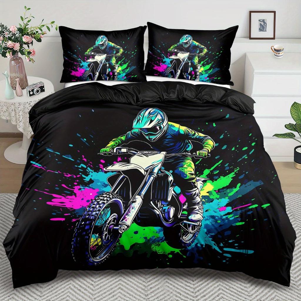 3pcs Cool Motorcycle Rider 3D Printed Bedding Set Comfortable Duvet Cover King Queen Twin Size Birthday Gift Bedroom Decoration