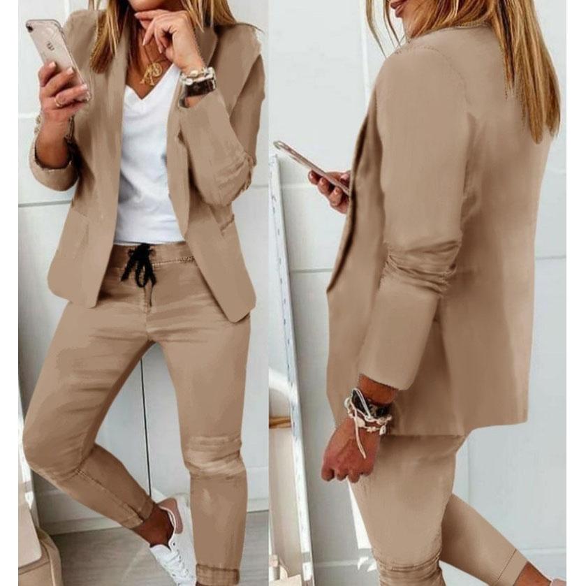 Women's Two Piece Pant Suit Set Outfits Spring Autumn Turn Down Print Blazer Coat Drawstring Pants Suit Women Casual Sets