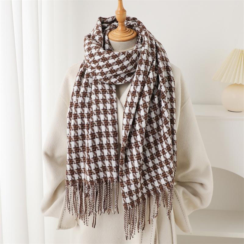 Fashion Thousand Birds Plaid Long Autumn And Winter Warm Scarf Women'S Shawl Versatile Commuter Fringed Imitation Cashmere Scarf