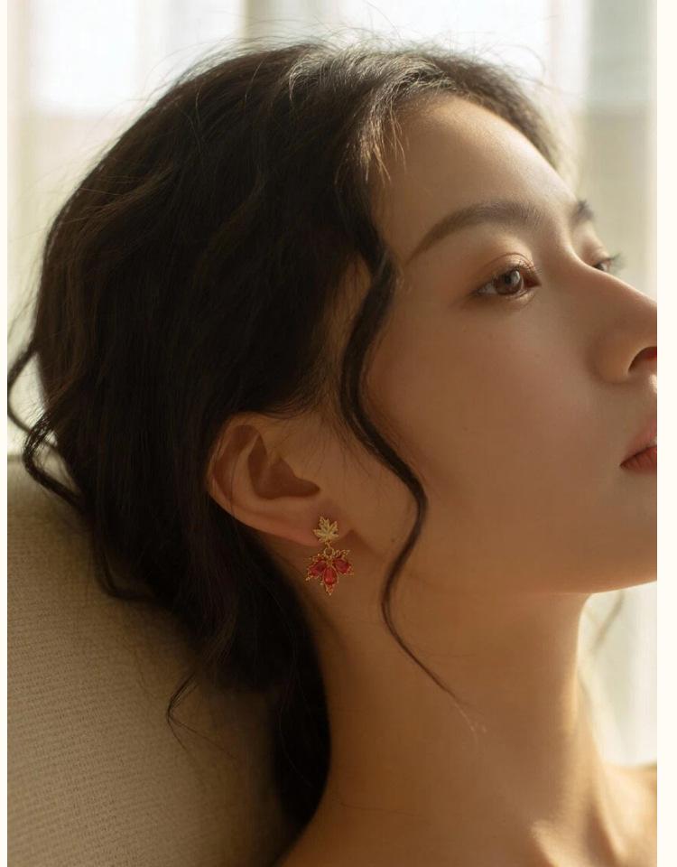 18k Gold Double Maple Leaf Stud & Ear Cuff Earrings for Women