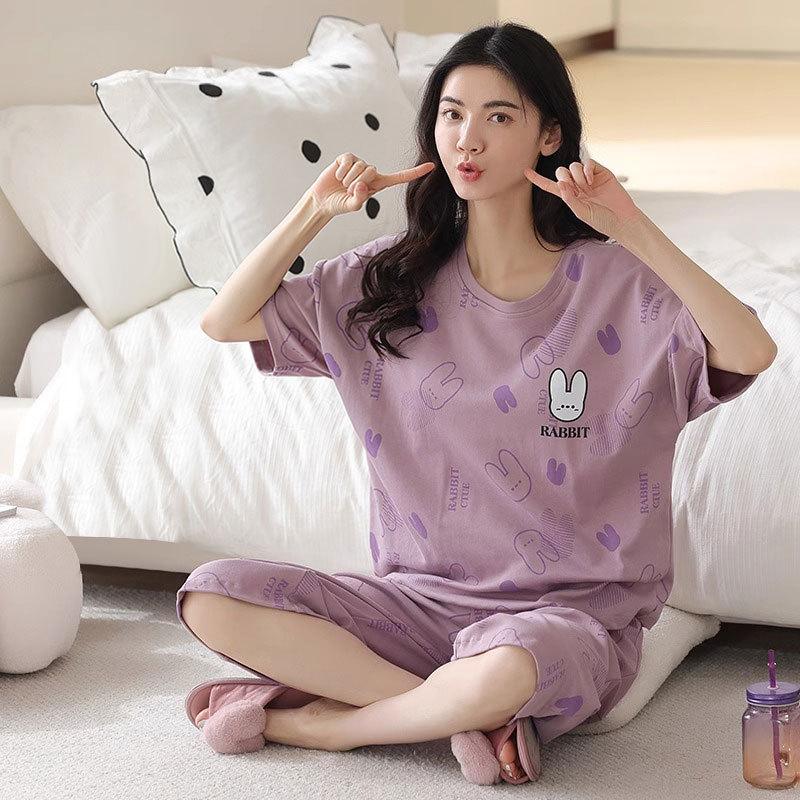 Summer Pure Cotton Pajamas Women's Pullover Sweet Casual Short-sleeved Cropped Pants Can Be Worn Outside Loungewear Student Dormitory Set