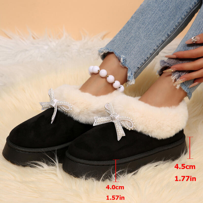 Fashion Thick Bottom Fluffy Fur Snow Boots Women 2025 Winter Warm Plush Ankle Boots with Platform Sweet Bowknot New Furry Non Slip Shoes