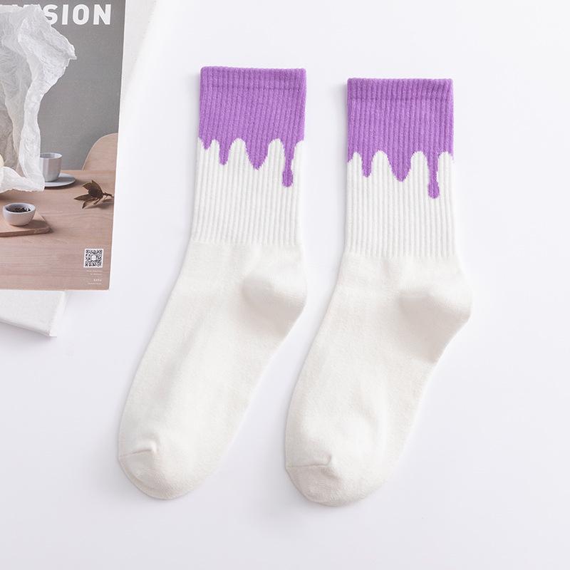 Creamy Color Block Patchwork Cotton Sports Socks for Men & Women - Trendy Mid-Calf Streetwear Style.