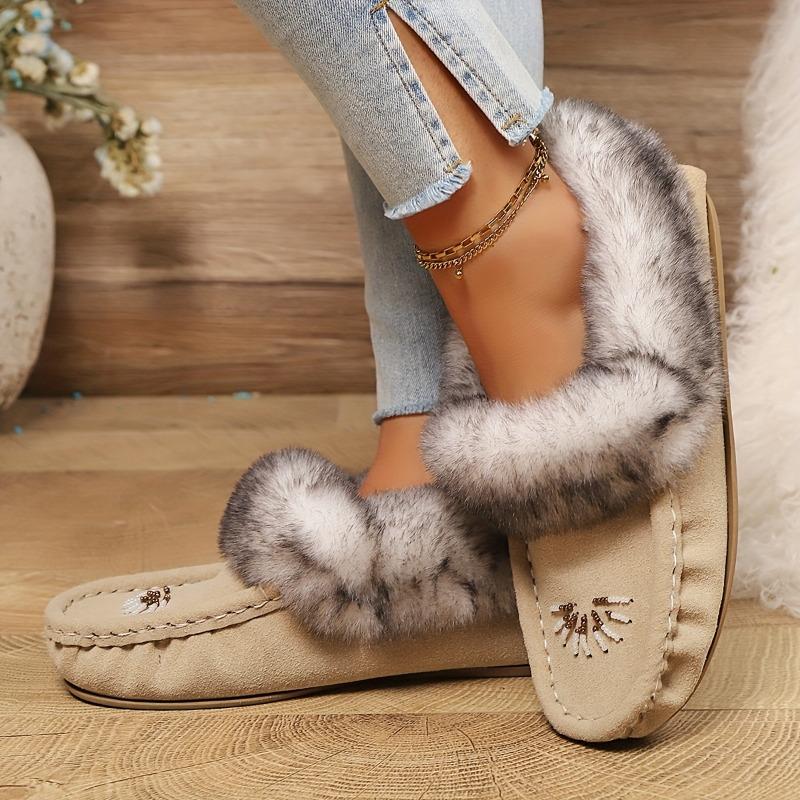 Women's Faux Fur Slippers - All-Season Cozy Moccasins with Petal & Leaf-like Embellishment, Soft TPR Sole & Faux Cover-like Upper, Beige