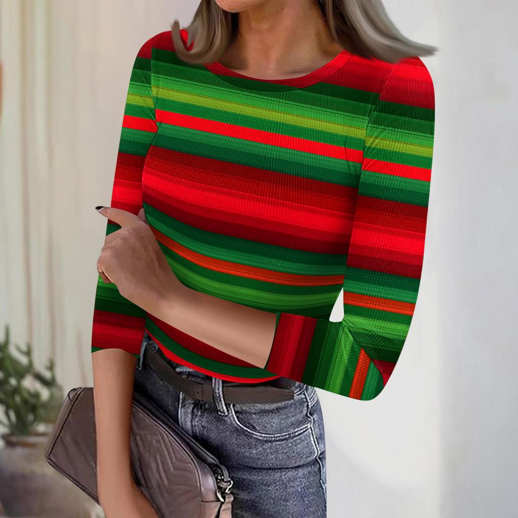 Dam Casual Mode Rundhalsad Randig Tryck Trekvartsärm Ribbad Topp