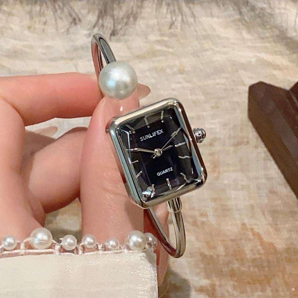 Sunlifex Femme Luxury Women's bracelet Watch 1 Large Pearl Cut Glass Square Dial Quartz Wristwatch Hand Bangle Saati Relojes