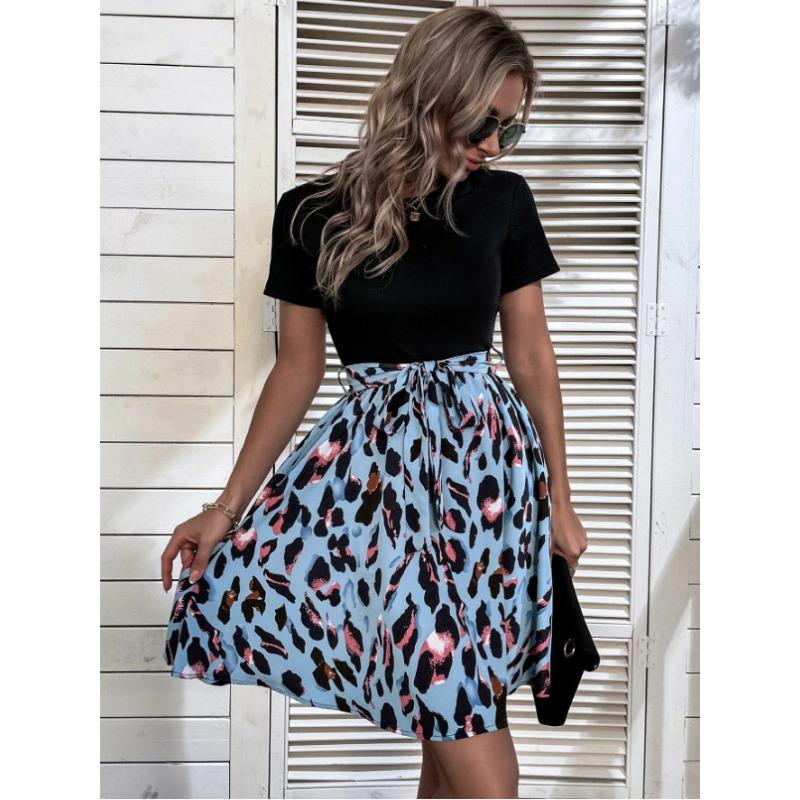 New Fashion Leopard Print Splicing Short Sleeved Dress Elegant O Neck Slim Fit A-line Party Short Dresses Lace-up Elegant Loose Streetwear Clothing