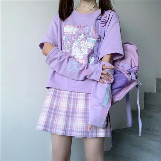 

Japanese-Style Spliced Short-Sleeve T-Shirt - Women s Autumn Loose Fit Trendy Top Extra Large фиолетовый