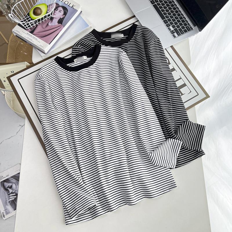 Plus Size Women Vintage Striped Thick Thermal Long Sleeve Base Warm T Shirt