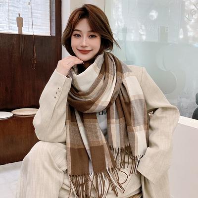 New Atmosphere Imitation Cashmere Plaid Tassel Scarf For Women In Autumn And Winter, With Thickened Velvet And Warm Neck