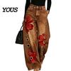 Loose Fit Faux Denim Trousers Women High Waisted Wide Leg Jeans, Vintage Floral Print Relaxed Trousers, Casual Pants with Pockets & Metal Eyelets